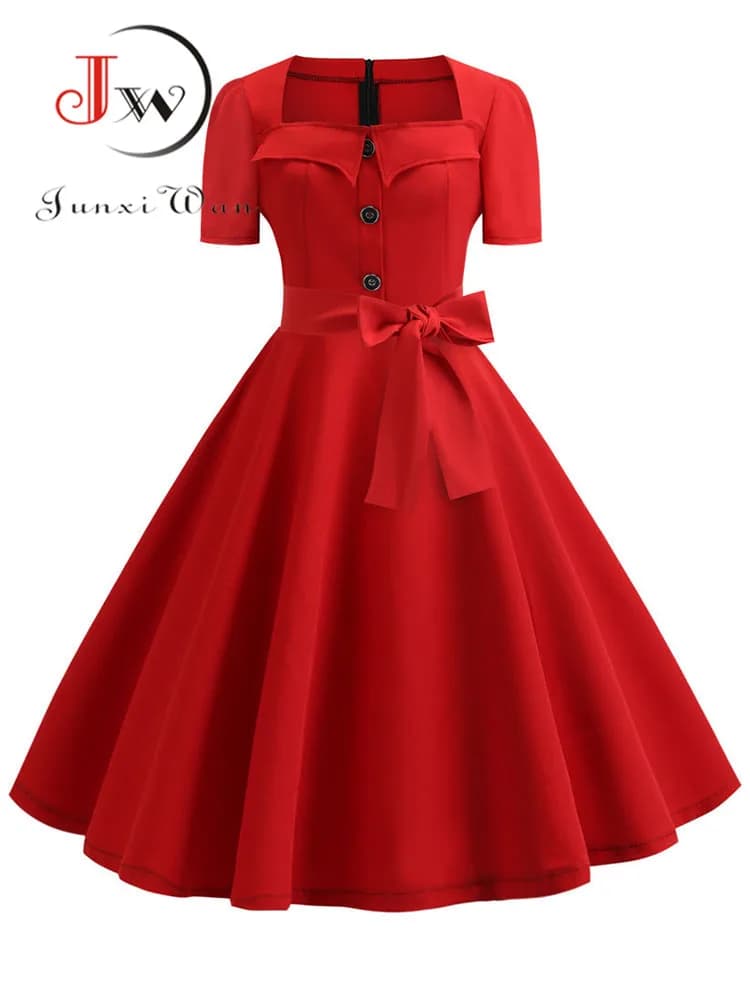 Vestito Da Estate delle donne Elegante Retro Vintage 50s 60s Abito Rockabilly Swing Pinup Abiti Casual Rosso Del Partito Abiti