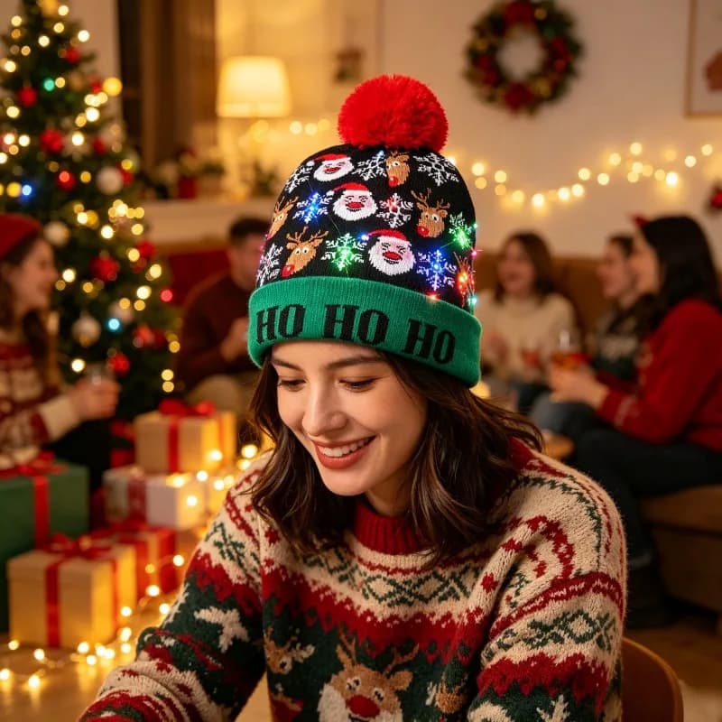 1-5PCS New Christmas LED Flashing Knit Hat Rolled Brim with Tassel Ball Warm Beanie for Adults Kids Holiday Costume Decor