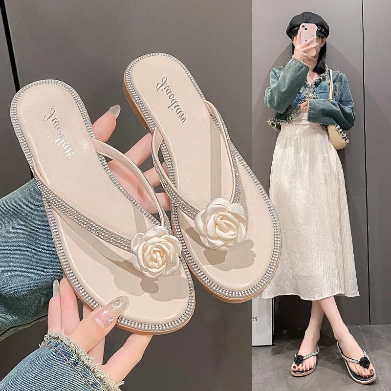 Summer Women Flat Flip Flops Rhinestone Flower Sandals Outdoor Casual Beach Slides Lightweight Vacation Comfortable Cloud Shoes
