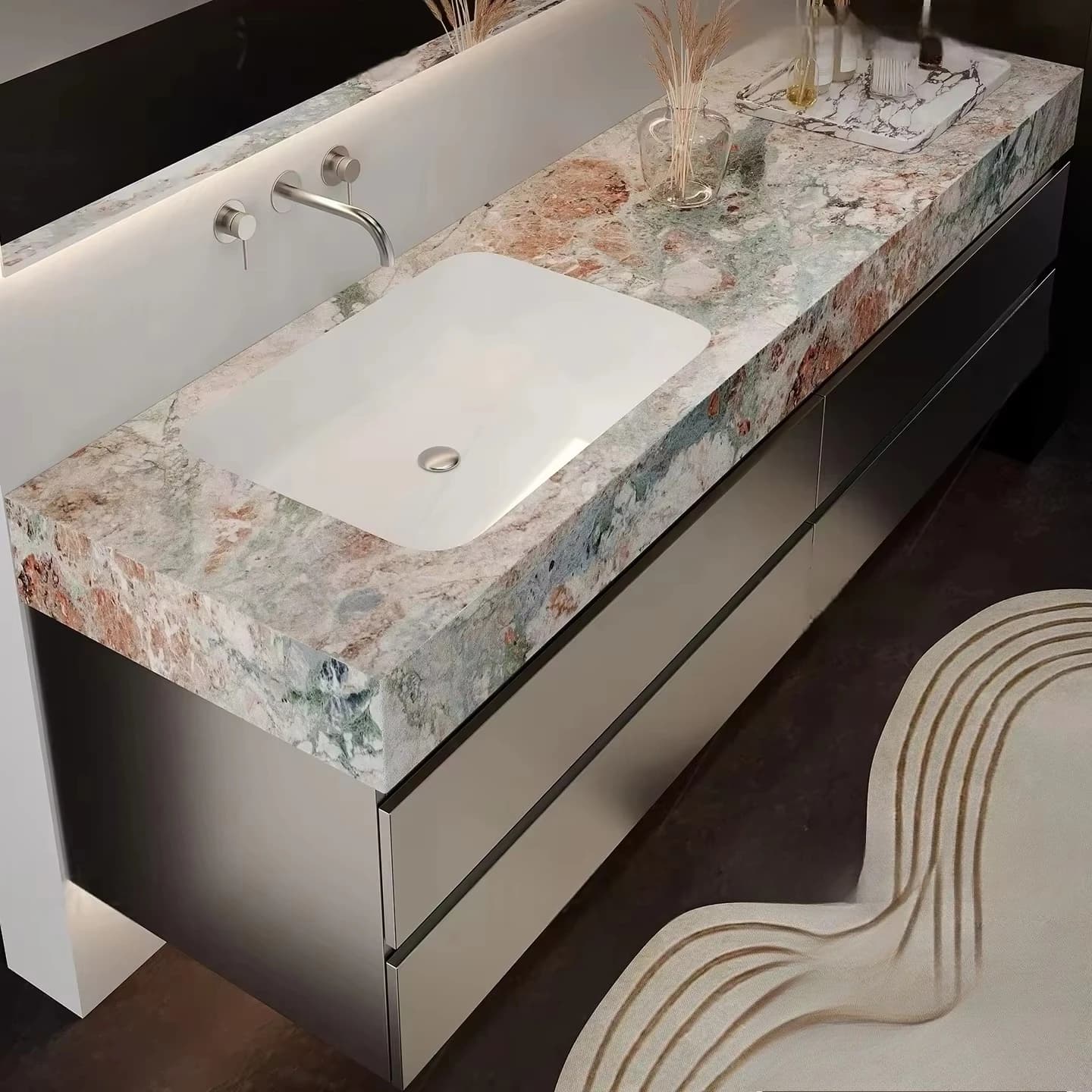 Set Mobile Bagno Moderno in Compensato Argento Liquido con Finitura Laccata, Specchio LED Integrato, Eco-friendly, Tutto in Uno!