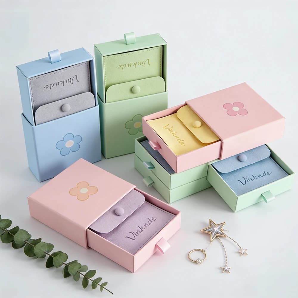 Custom Jewelry Box 7x7x1.7cm Dark Pink with Logo, Gift Pack with 6x6cm Bag to Store Rings and Necklaces