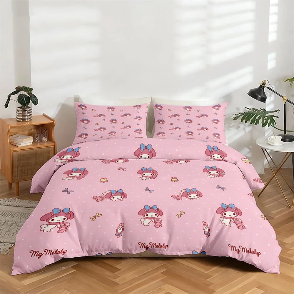 Set di biancheria da letto stampata digitalmente ad alta definizione in 3 pezzi, set copripiumino con motivo floreale grande e design My Melody, include 1 copripiumino + 2 federe, adatto per camera da letto, camera degli ospiti, decorazioni per la casa, copripiumino + federe in fibra di poliestere, biancheria da letto ultra morbida, tessuto spesso, adatto a tutte le stagioni, lavabile in lavatrice