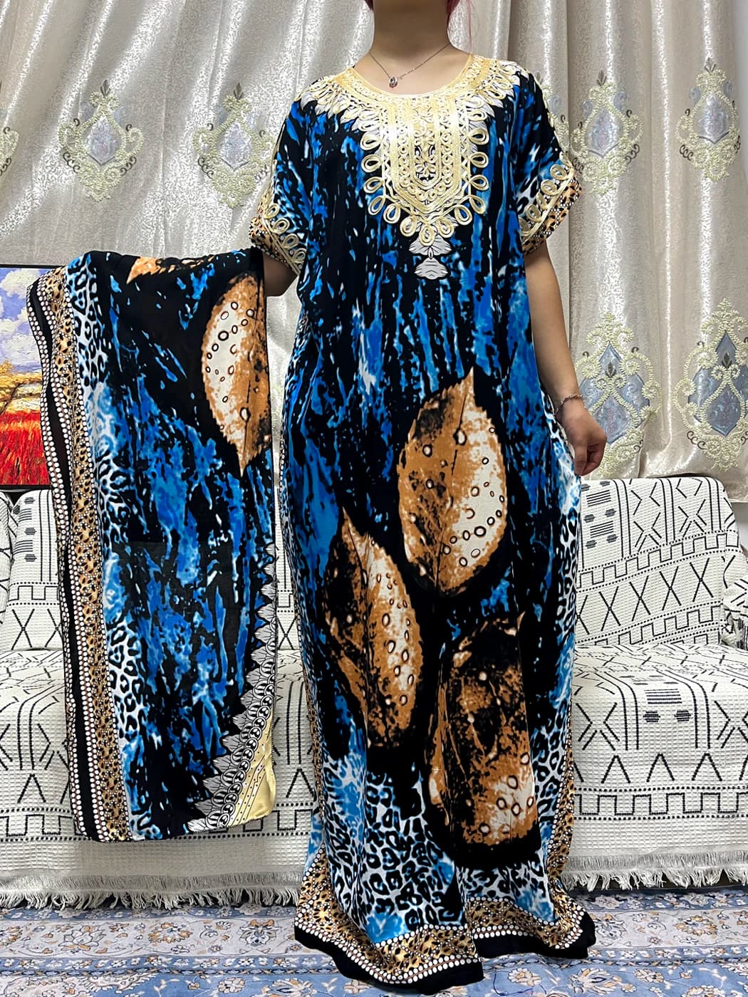 Abaya Per Le Donne 2024 Tradizionale Cotone Stampato Maniche Corte Africano Loose Fit Femme Robe Nigeria Islam Abiti Con Turbante