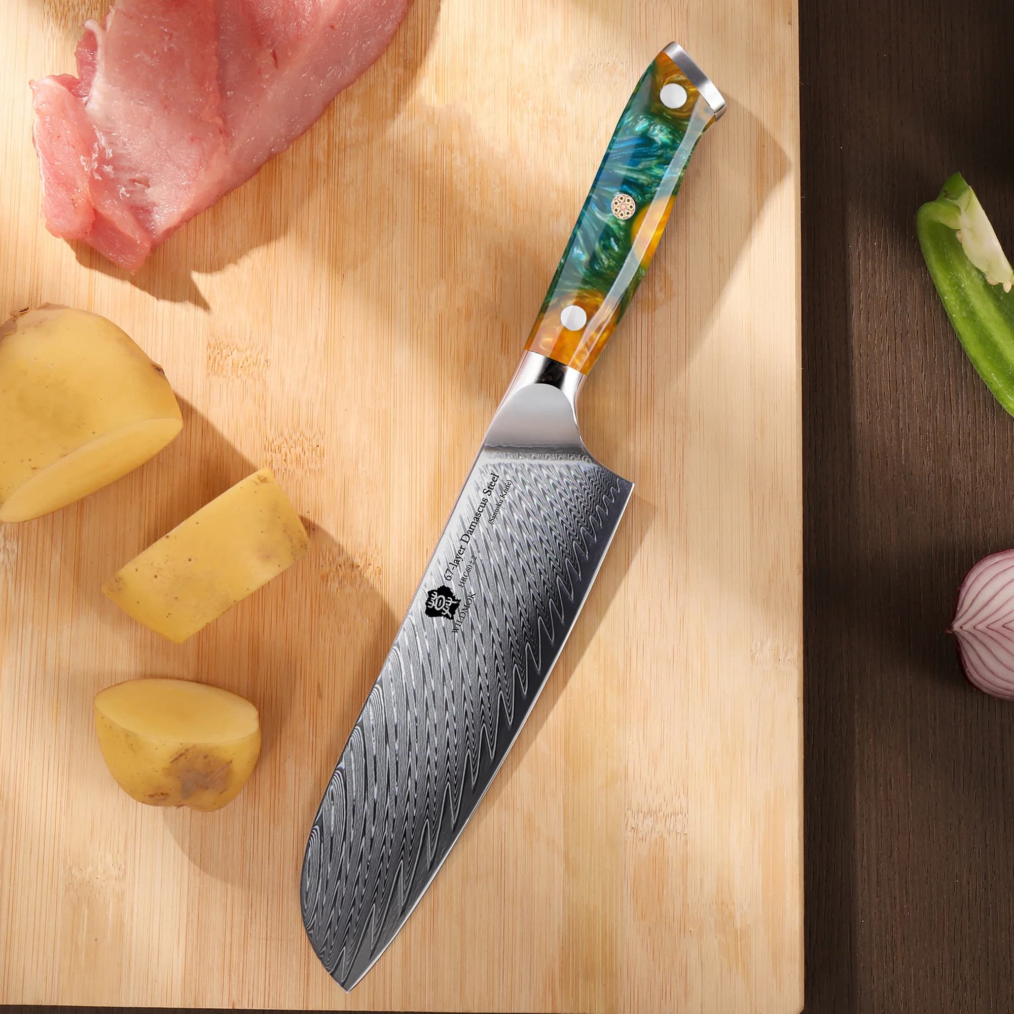 Coltello Santoku WILDMOK, 7 Pollici, Acciaio Damascato Giapponese, Coltello da Cucina Multifunzione con Manico in Resina, Affilato