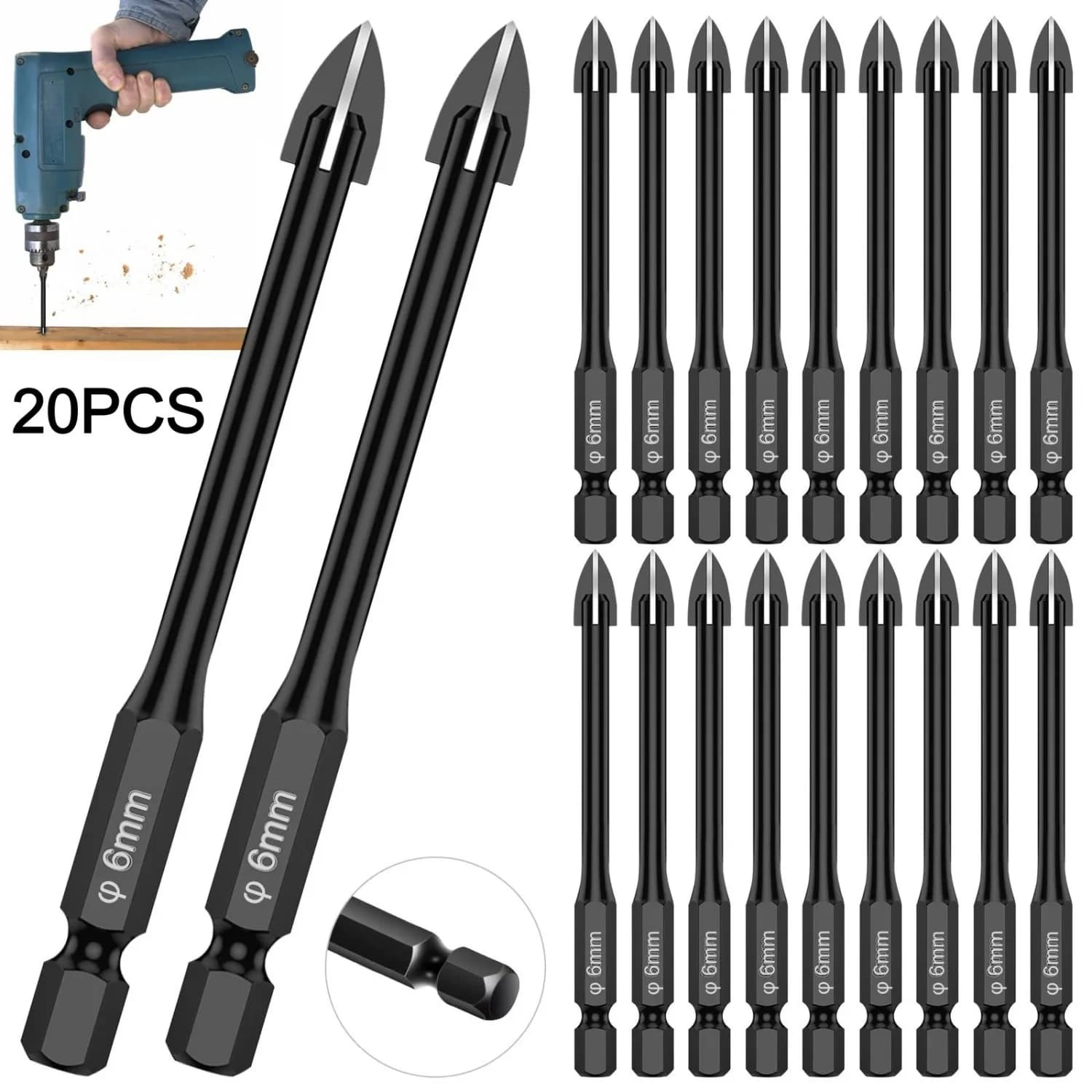 20Pcs Glass Concrete Drill Bit Set Hex Shank Tungsten Carbide Tip Drilling Tools for Ceramic Tile on Concrete and Brick Wall