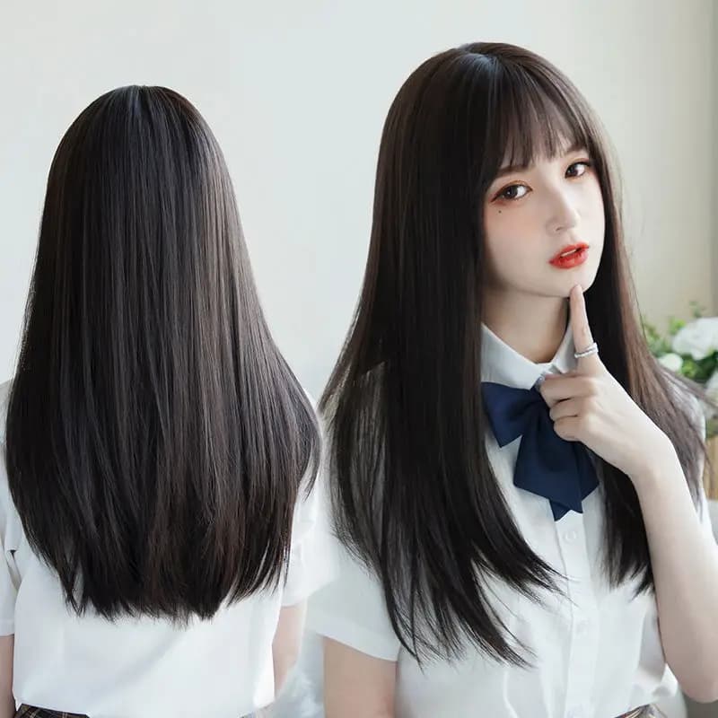 Korean Hair Extensions Synthetic Cute JK Girl Cosplay Air Bangs Wig Breathable Copper 50 cm Long Straight Wig Hat for Women