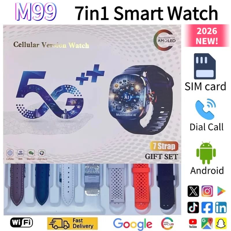 New M99 5G Smartwatch 2.4 Inch AMOLED Screen Android OS Rotary Camera Calls SIM Card WiFi Heart Rate Bluetooth GPS Google Play