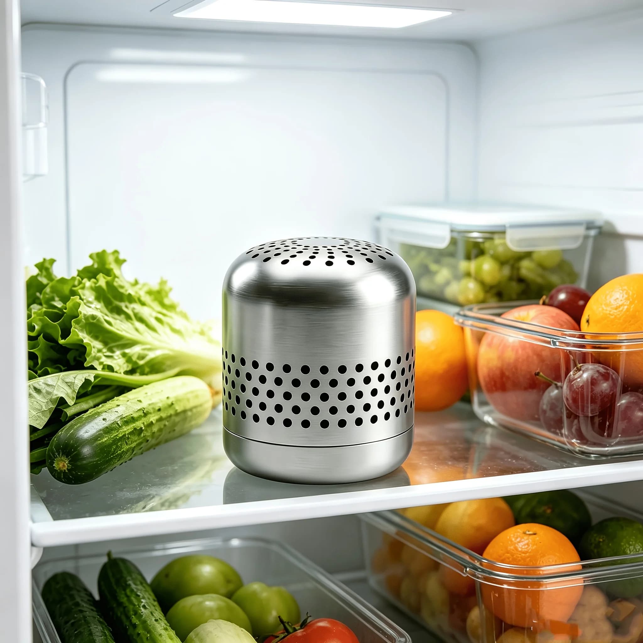 Deodorante per Frigorifero con Durata di 10 Anni, Eliminatore di Odori in Acciaio Inox, Tecnologia CH-CUT, Purificatore d'Aria Portatile
