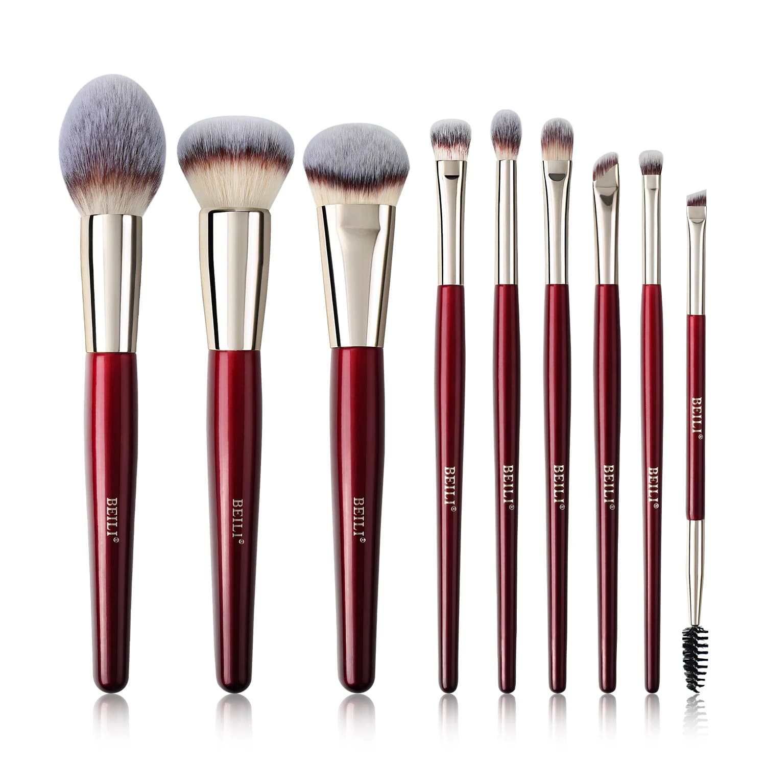 Set of 9 Red Luxury Vegan Makeup Brushes for Fondotinta, Cipria, Correttore and Umbrella with Comfortable Handle and Private Label