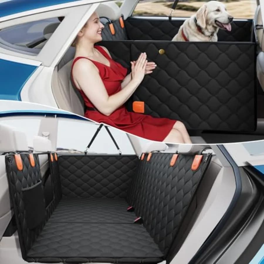Convertible back seat extender for dogs: hard-bottom waterproof hammock cover, black, supports 400 lbs, includes mesh window, f