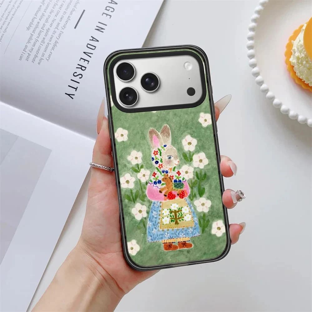 Grassland Flower Rabbit Impact Black Border Magnetic Phone Case Cover for IPhone 12 13 14 15 16 17 Pro Max Case for IPhone 17