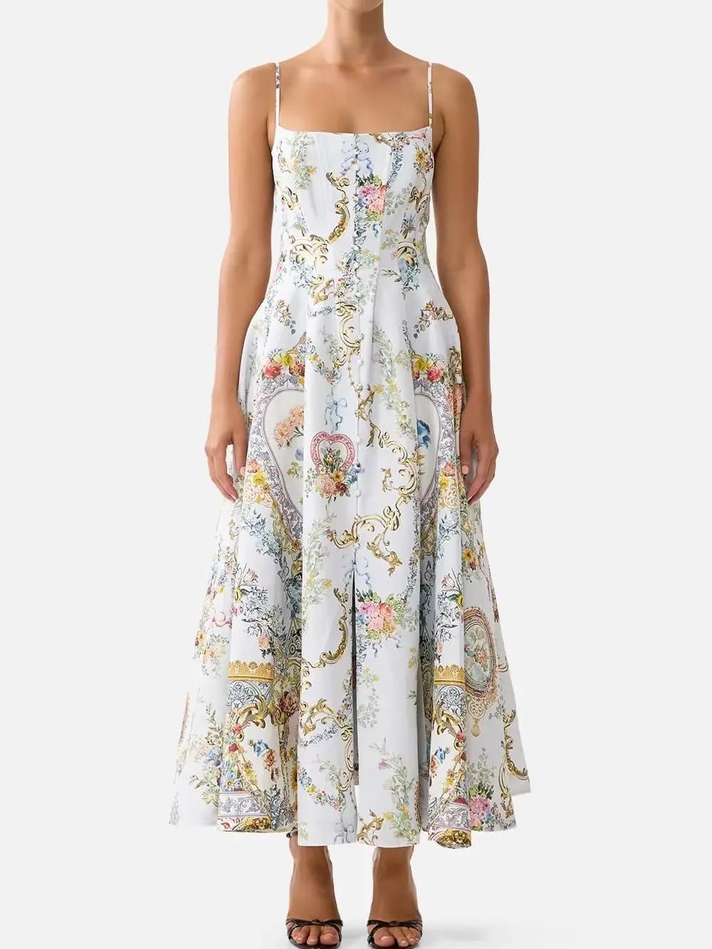 Summer 2026 Ladies Retro Print Sling Robe Square Collar Single Breasted Sleeveless High Waist Casual Female Maxi Dress