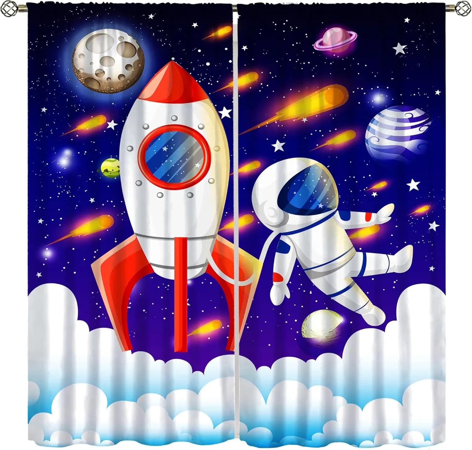 Tenda a Tema Astronauta e Razzo per Bambini, Fantasia Spaziale Cartoonesca Universo Sistema Solare Meteorite Pianeta Terra Galassia Stelle Finestra