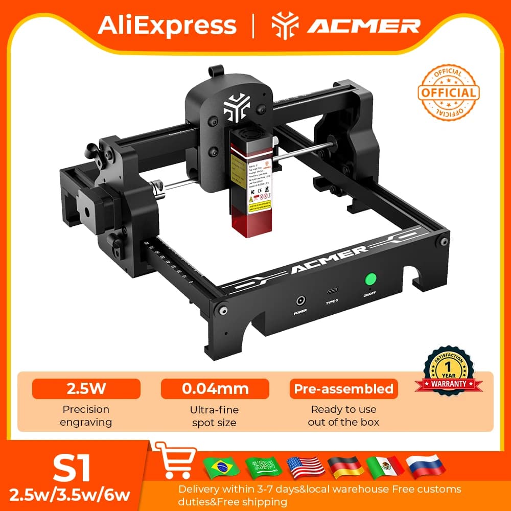 ACMER S1 Mini Laser Engraving and Cutting Machine High Accuracy Portable CNC Machine For Acrylic Leather and Glass Plywood