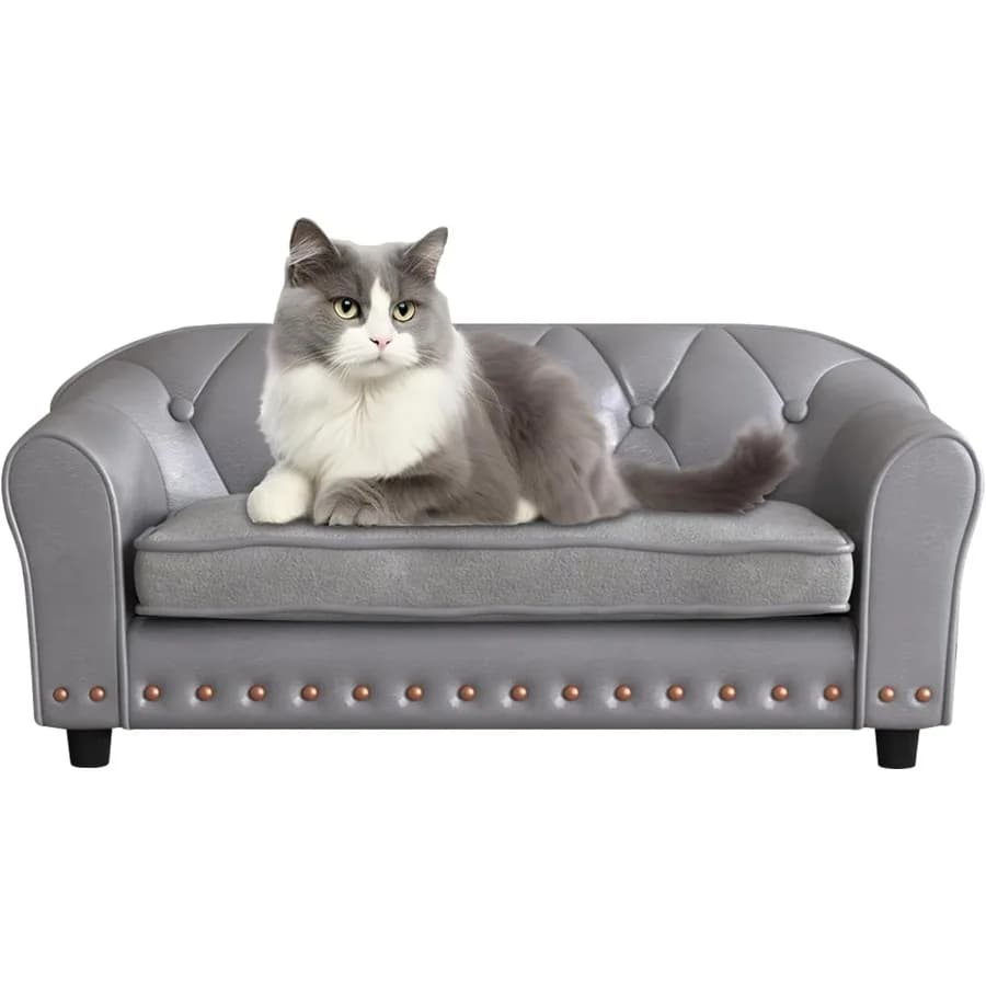 Divano per cani Letto per cuccioli per piccoli animali con chiodo in rame e struttura in legno Tessuto in pelle e cuscino Design Divano per gatti e divano per animali domestici