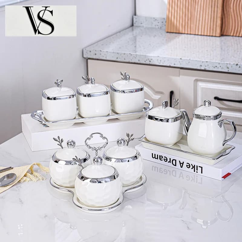 Household Box Seasoning Ceramic Jar with Seasoning Lid Jar, Kitchen Tools, Vinegar Pot, Salt and Pepper Shakers, Spice Jars Set,