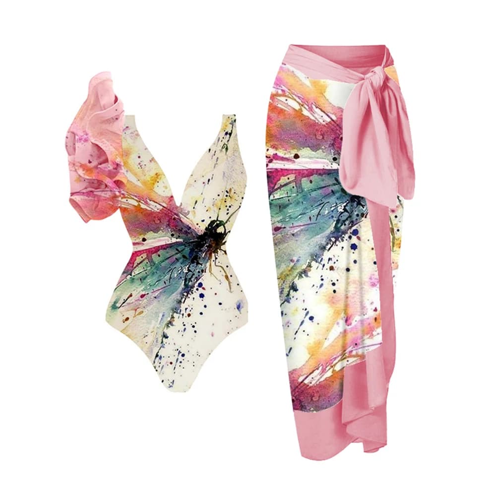 Splash-ink Art costume da bagno con volant monospalla Bikini di lusso con scollo a v tagliato costumi da bagno da surf donna costume intero da spiaggia