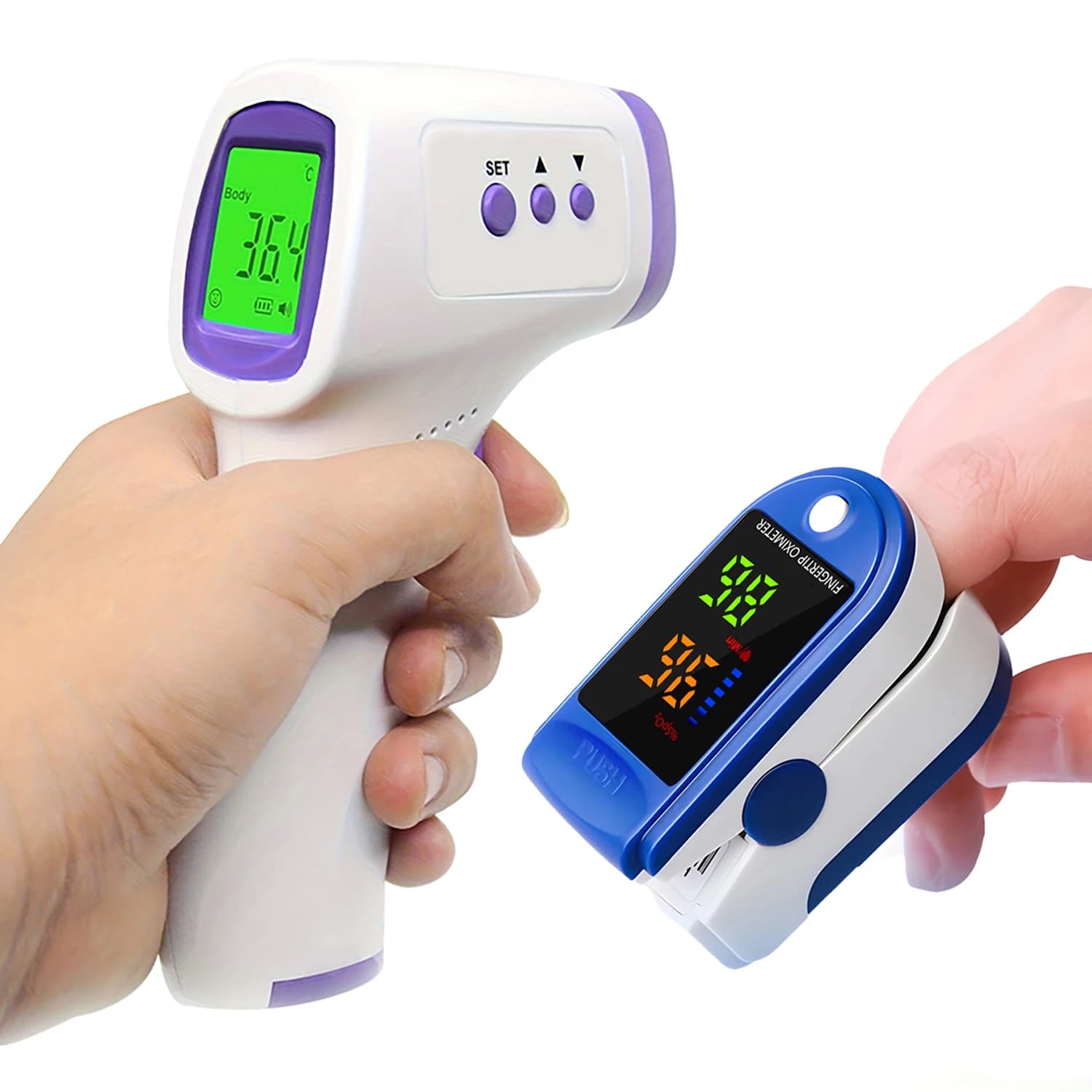 Contactless Digital Medical Thermometer with Retro Illumination, Fever Measuring Instrument or Mini Dite Oxometer for Oxygen Measurement in Blood