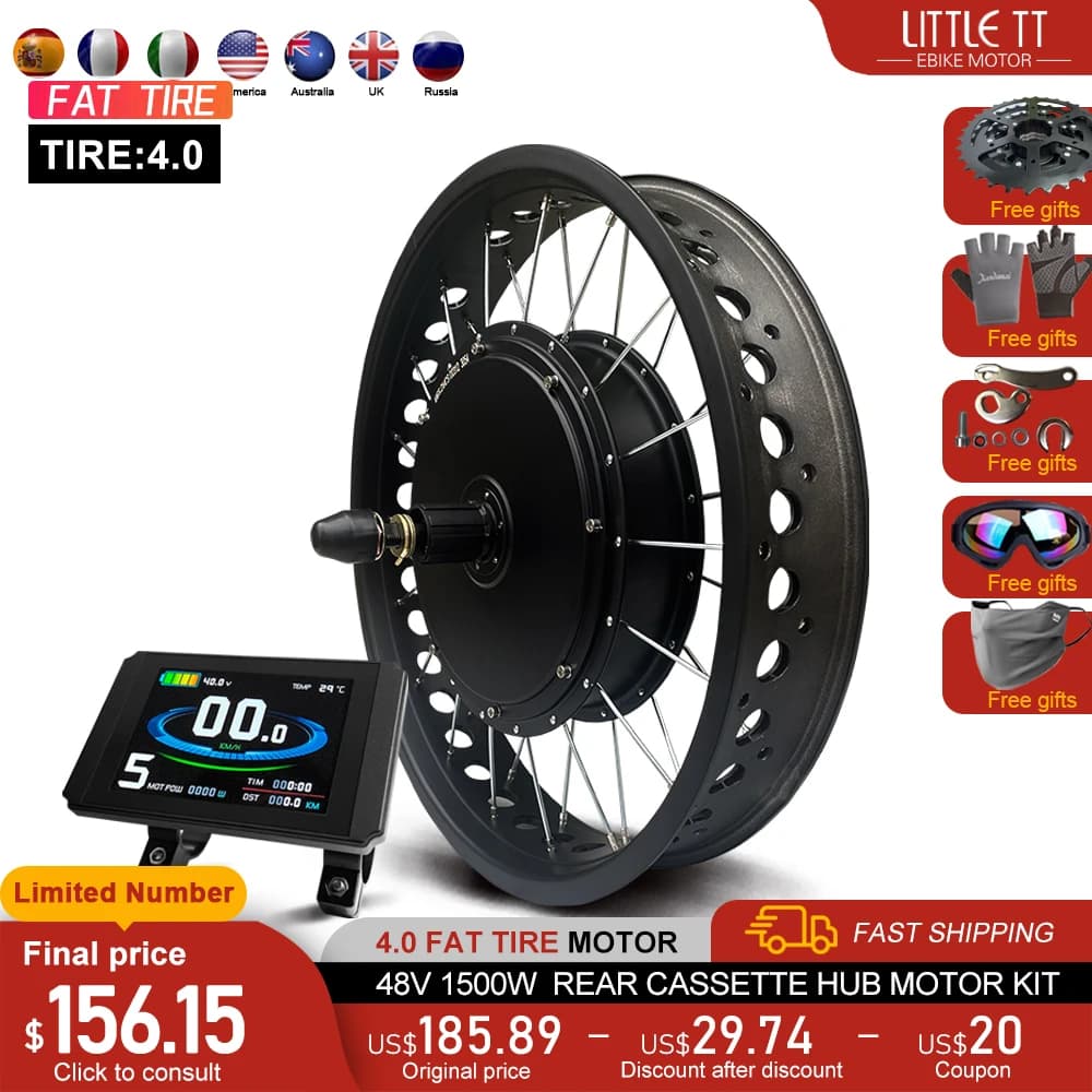 Kit di Conversione per Bici Elettrica 48V 1500W, Motore per Ruota Posteriore 20/24/26 Pollici, Pneumatico 4.0, Dropout 190/170mm per Kit Motore Fat Tire E-bike