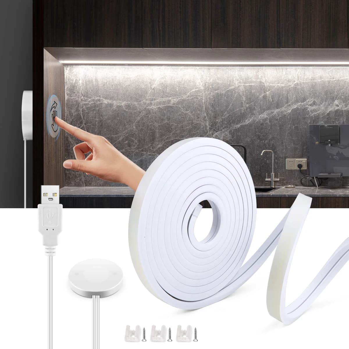 USB 5V LED sotto l'armadio luce COB striscia dimmerabile nastro al neon notturno con interruttore sensore tattile per scansione manuale in legno penetrabile per la cucina