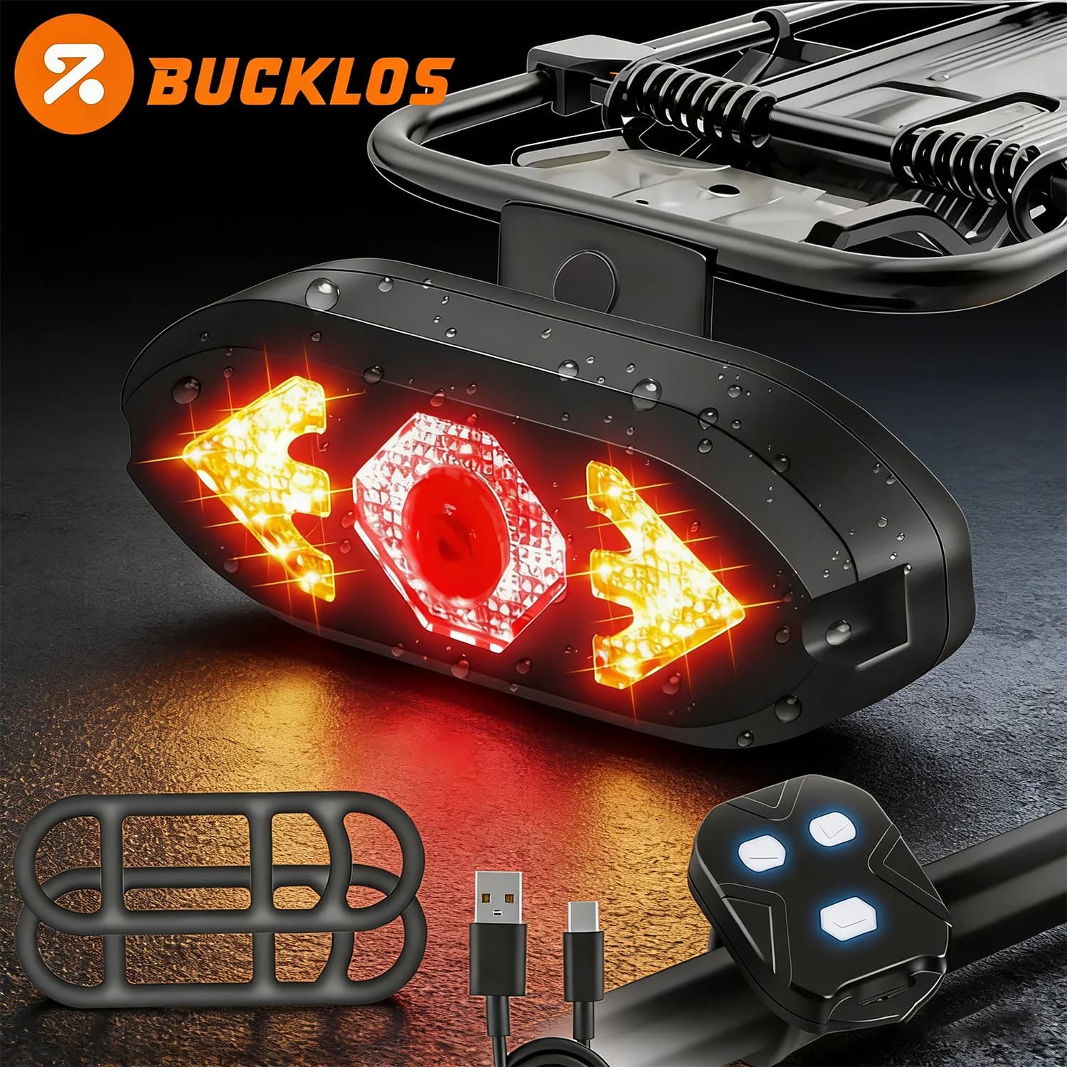 Luce Posteriore per Bicicletta BUCKLOS con Indicatori di Direzione, Ricaricabile USB, Controllo Remoto Wireless