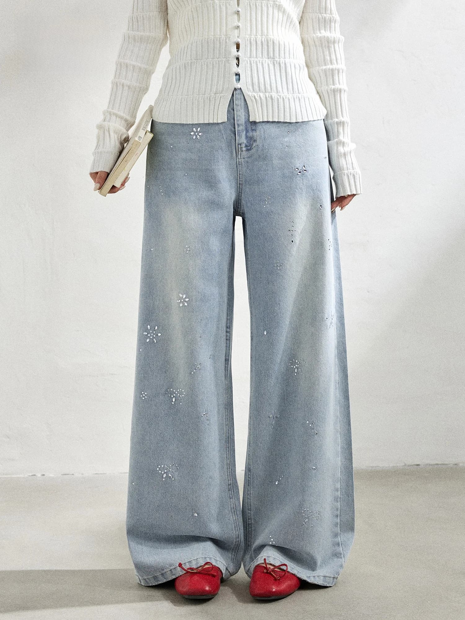 Slimming Korean Sle plus Size Women's Jeans Wide Leg Pants High Waist Denim with Hotfix Rhinestones Spring Faion