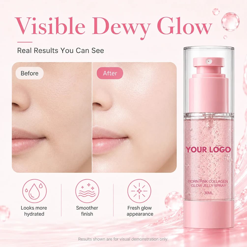 30ml Pink Collagen Glow Gel Spray Custom Logo Jelly Serum Long Lasting Lightweight Hydrating Smooth Private Label Makeup Bulk