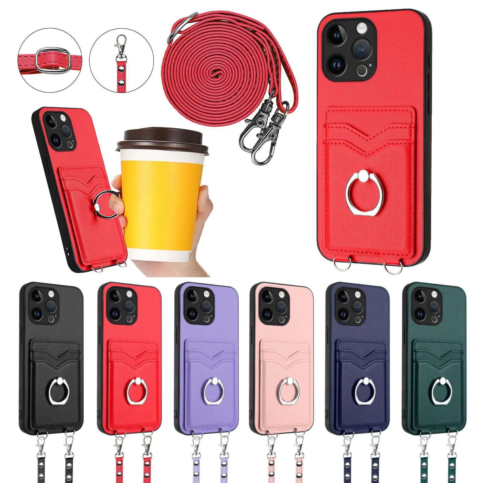 Custodia a tracolla in pelle con porta carte e anello per dito, di lusso, per Redmi A3 15 14R 14C 13R 13C 13 12C 12 11A 10C, con 2 slot per carte e cover posteriore