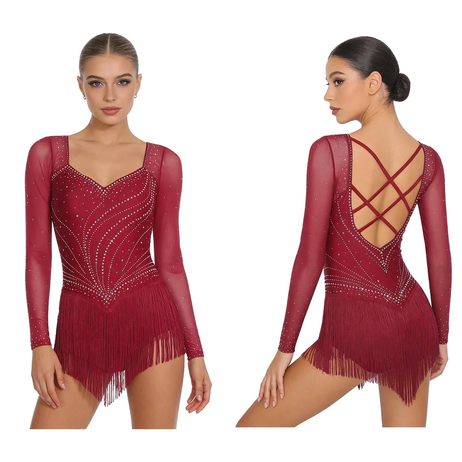 Pattinaggio di figura Donna Ballo latino Ginnastica Costumi Performance Strass Cha-cha Danza jazz Nappe Body