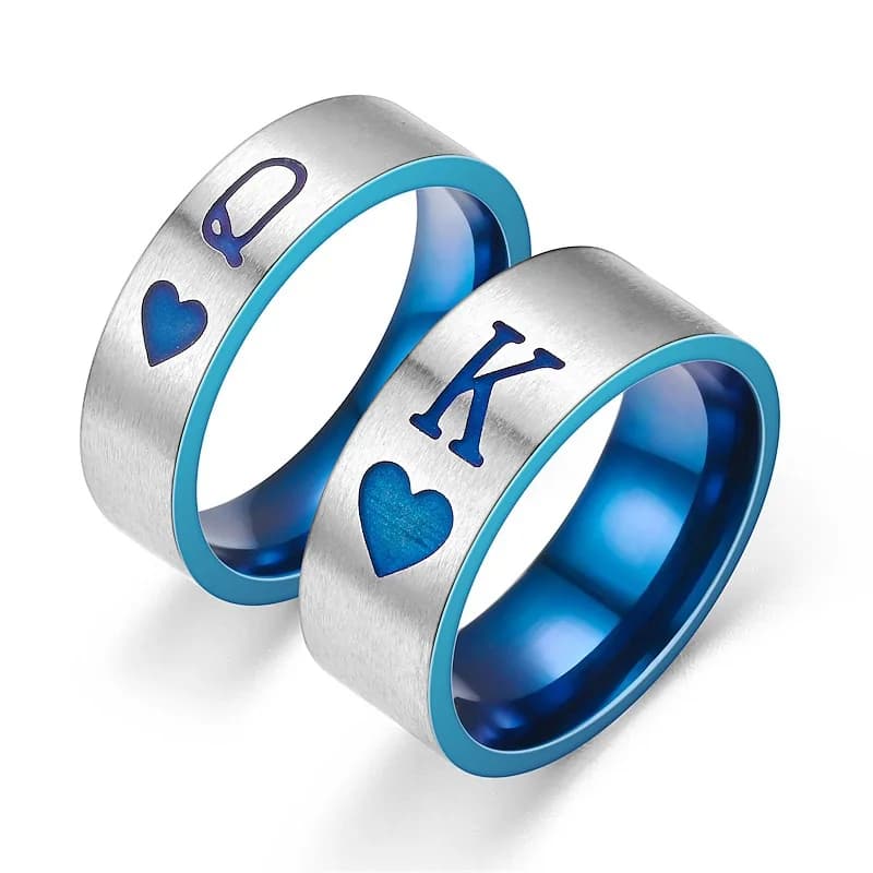 Anelli in acciaio inossidabile con stampa Q K da 8 mm, unici, per donna e uomo, colore blu opaco, anelli di fidanzamento e matrimonio, gioielli regalo.