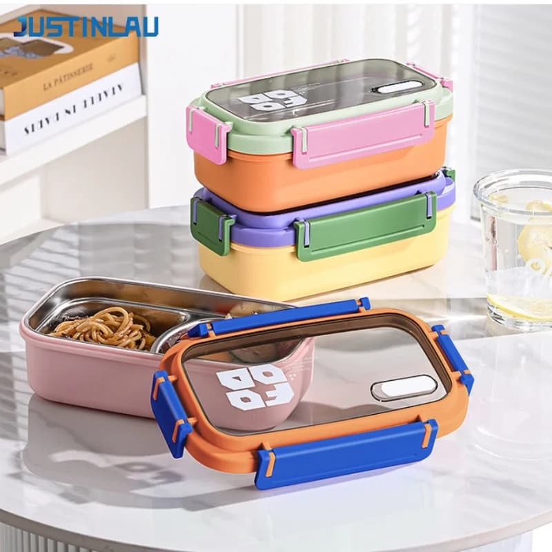 JUSTINLAU 2 Grid Bento Box Stainless Steel Lunch Container Sandwich Snack Fruits Salad Food Storage Box Home/Office Tableware