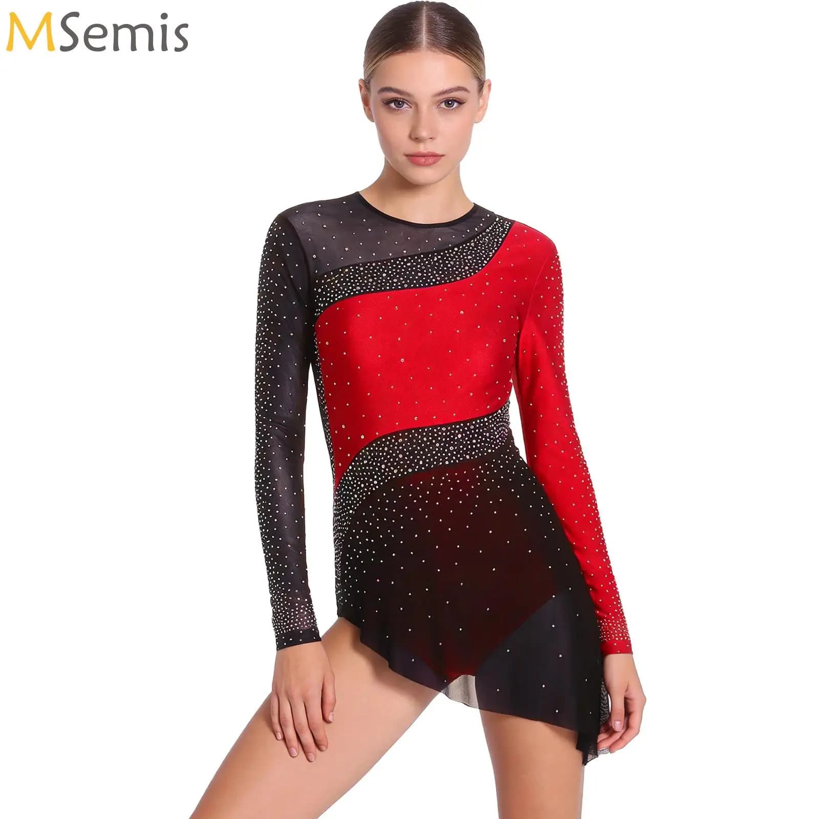Abbigliamento da Ballo Latino e Tango per Donne, Costume da Pattinaggio Artistico e Balletto, Body con Gonna in Tulle Trasparente con Strass, Abiti per Esibizioni
