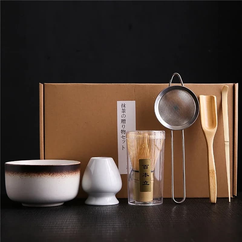 Ceramic Bowl Whisk Holder and Tea Scoop Matcha Blender Set 6PCS Japanese Ceramic Matcha Teaware Kit for Tea Lovers