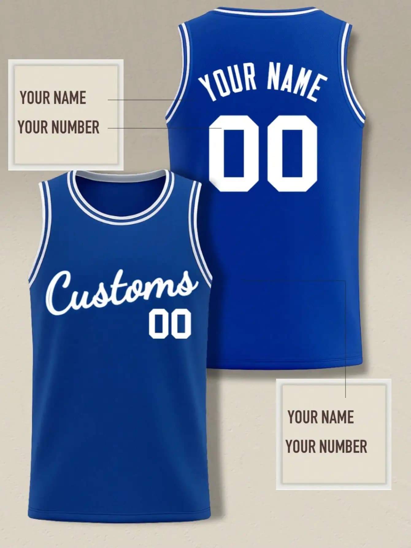 Maglia da basket blu senza maniche con nome e numero personalizzati per uomo - Top sportivo personalizzato