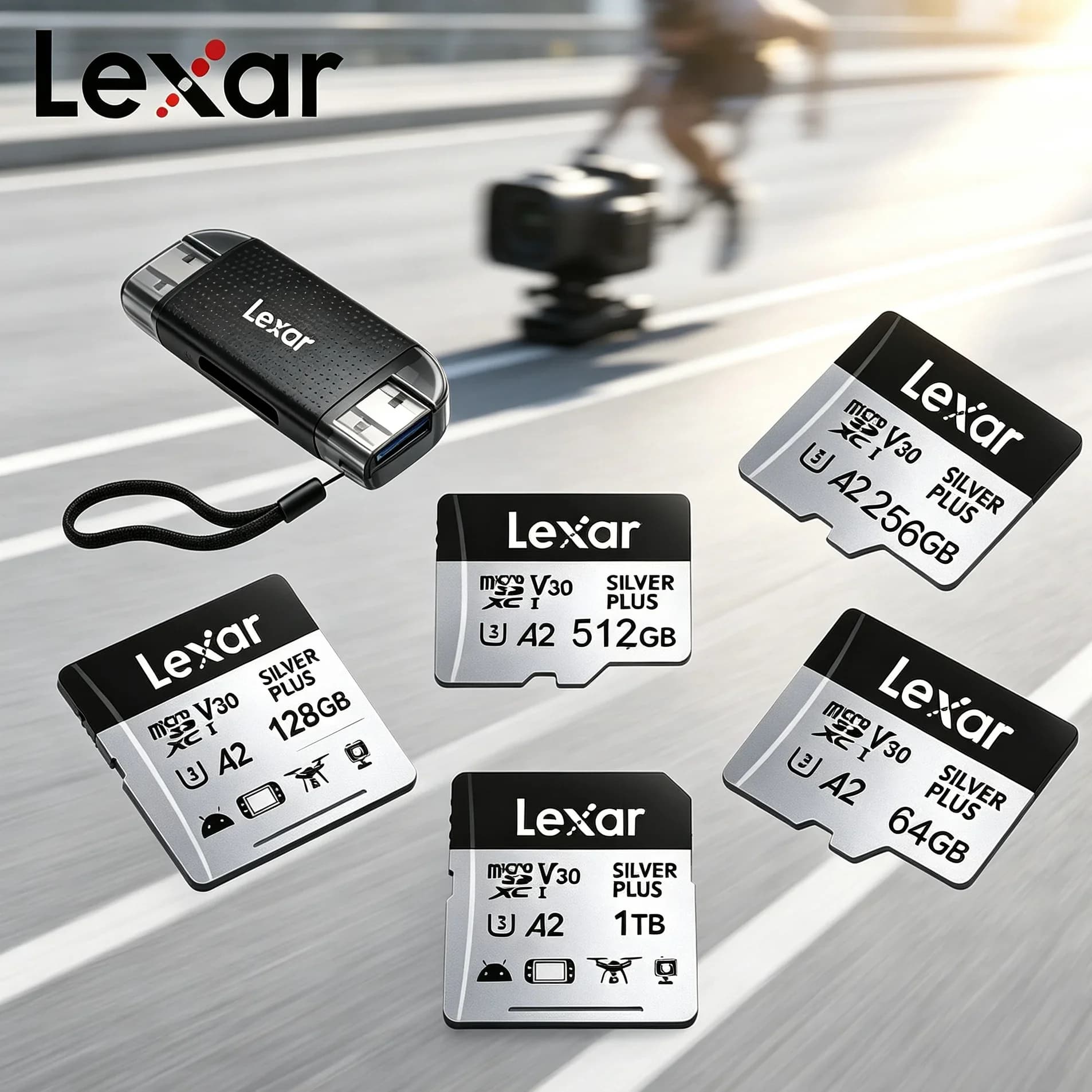 V30 A2 4K TF Card Lexar Silver Plus MicroSDXC Memory Card 205MB/s for DJI Drone Action Camera 64GB‑1TB Card Reader Option