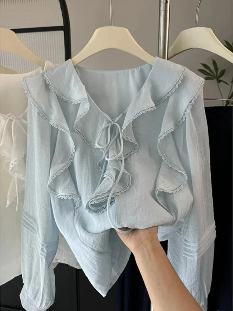 Camicetta Chic Francese con Scollo a V e Maniche Lunghe, Top Casual con Volant per Donna, Nuovo Design Primavera-Estate