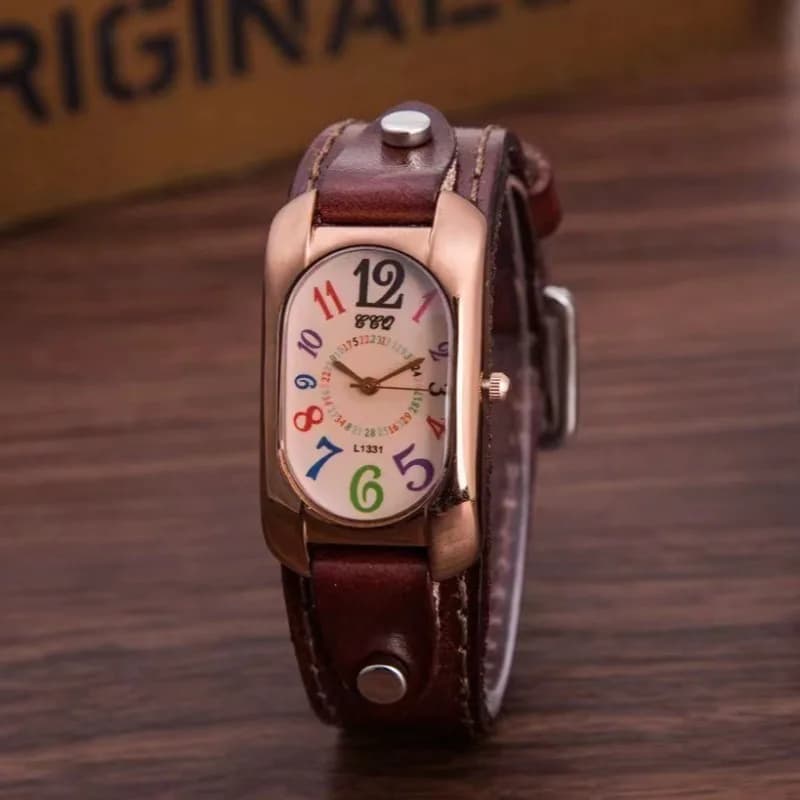 Orologio da Donna Casual alla Moda con Cinturino in Ecopelle e Diamanti, Cassa Oblunga, Movimento al Quarzo, Orologio Femminile in Bronzo, Orologio da Studente per il Tempo Libero