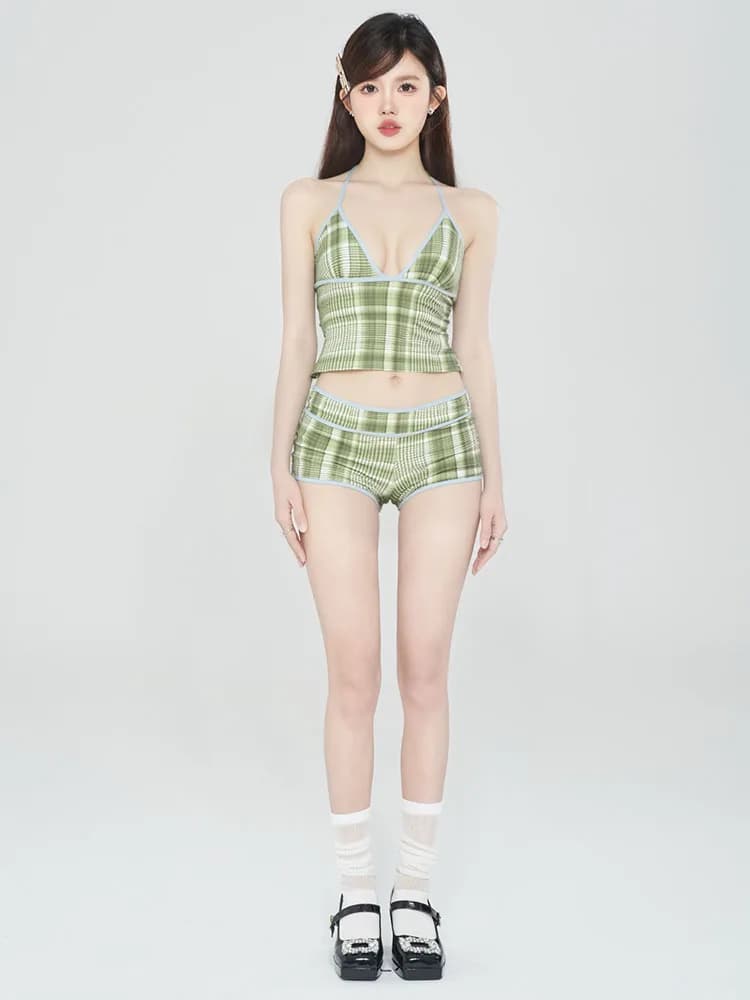 Rolekar Women's 2026 New Split High-End Beautiful Green Plaid Unique Artistic Swimsuit V-neck No-sleeved Beach Playwear
