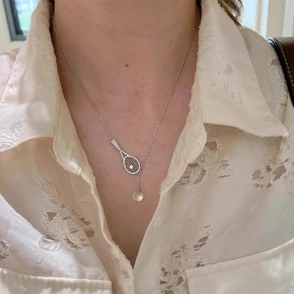 Trendy Necklace with Tennis Rack Shape Pendant in Zirconia, Silver Color, with Diamonds, Sweater Chain, Gift Jewelry