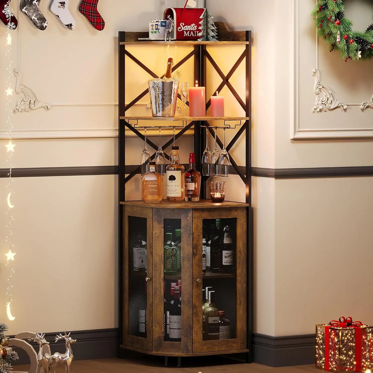 Mobile Bar Industriale Rustico Marrone con Luci LED, Portabottiglie a 5 Ripiani e Portabicchieri per Bar Domestici