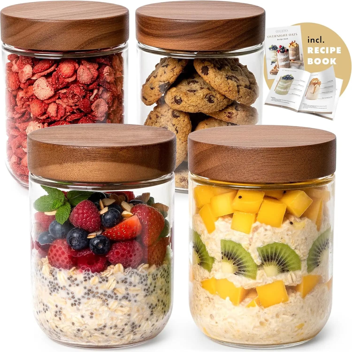 Contenitori per Overnight Oats con Coperchi in Acacia (4 x 16oz) Barattoli in Vetro per Avena, Preparazione Pasti, Conservazione Alimenti | Barattoli a tenuta stagna per