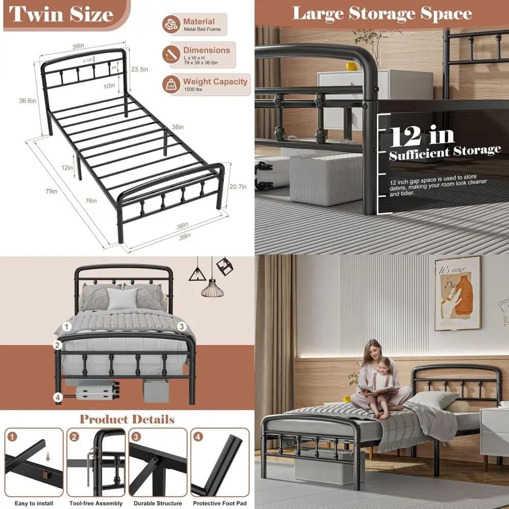 Durable single bed structure with headboard and footboard, silent support up to 1500 pounds, easy mounting, no required springs box, storage space