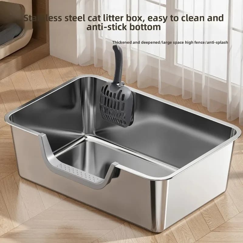 Lettiera per gatti integrata in acciaio inossidabile, toilette per gatti di grandi dimensioni con ingresso laterale aperto e protezione antispruzzo