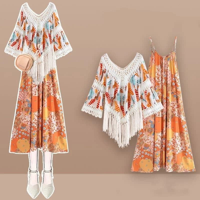 2025 Estate Bohemian Nappa Print Sling Sling Chiffon Dress Two-piece Set Woman Trained with V-neck Top Canoeing Dresses