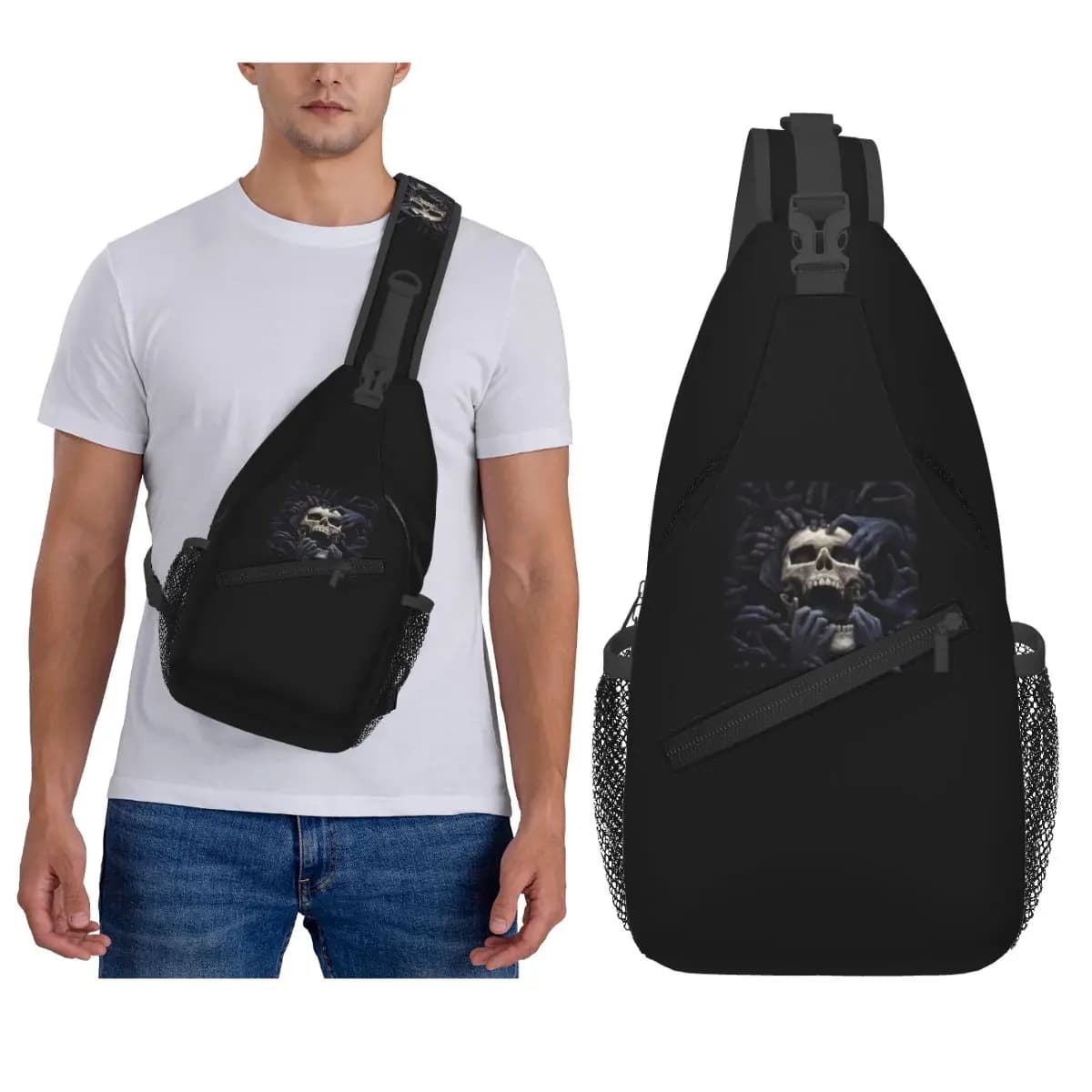 Cool Gothic Skeleton Death Skull Chest Bag Men Sling Crossbody Backpack Chest Bag Travel Hiking Daypack Shoulder Bag