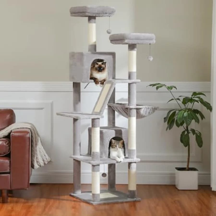 Torre per Gatti Alta 70 Pollici con 2 Cucce Accoglienti, 2 Posti Relax in Peluche, Cesto Grande, 2 Tiragraffi e 6 Pali Tiragraffi per Interni