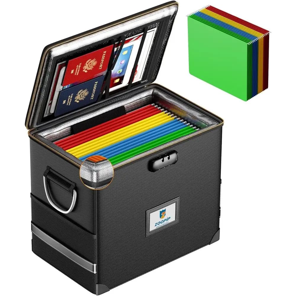 Secure Locking Document Box with 10 Hanging File Folders and Zippered Closure