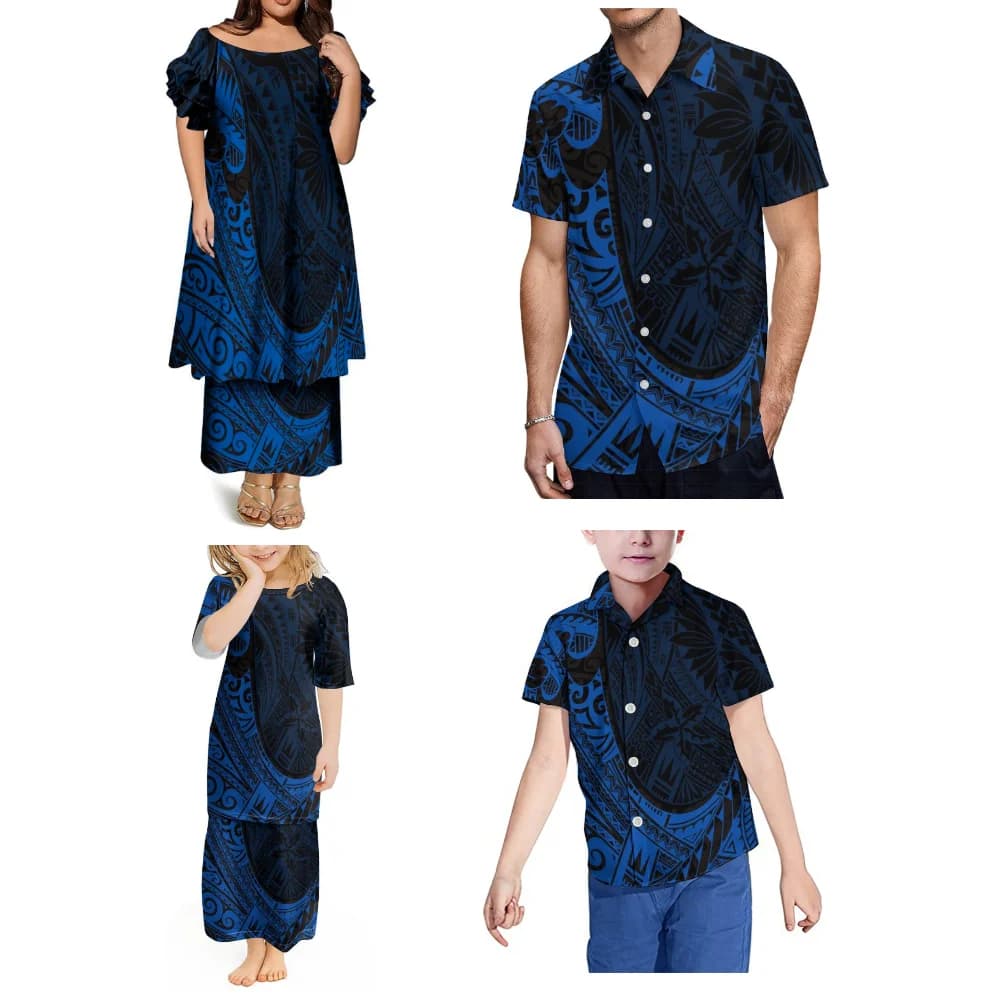 Comfortable And Soft Family Wear Fiji Island Design Butterfly Sleeve Puletasi Women'S Suit Dress Polynesian Custom Men'S Shirt