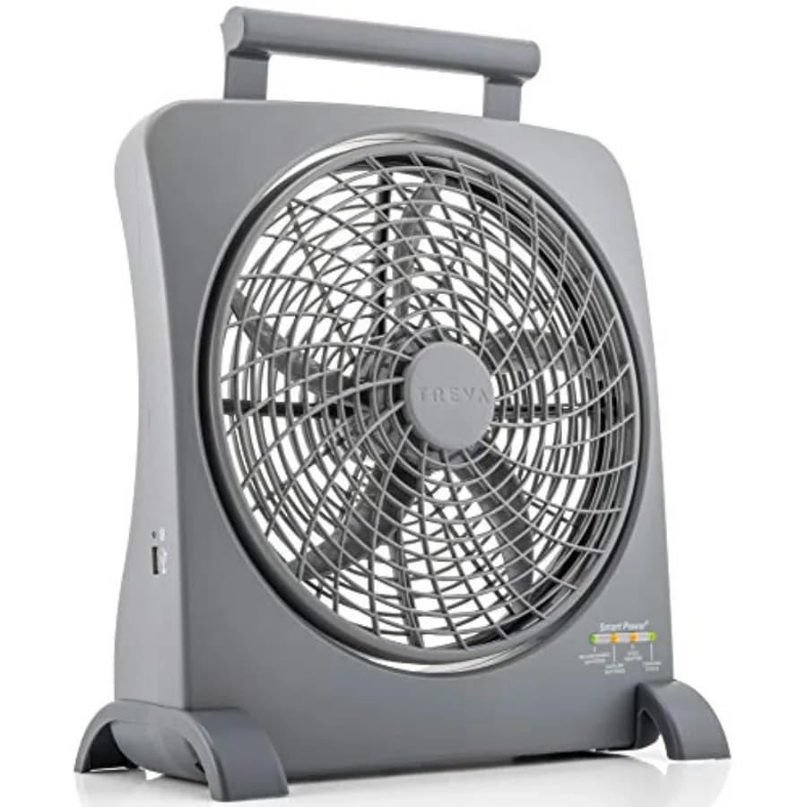 Ventilatore portatile ricaricabile Treva da 10 pollici, circolatore d'aria intelligente. Adattatore CA plug-in e porta di ricarica USB alimentata a batteria