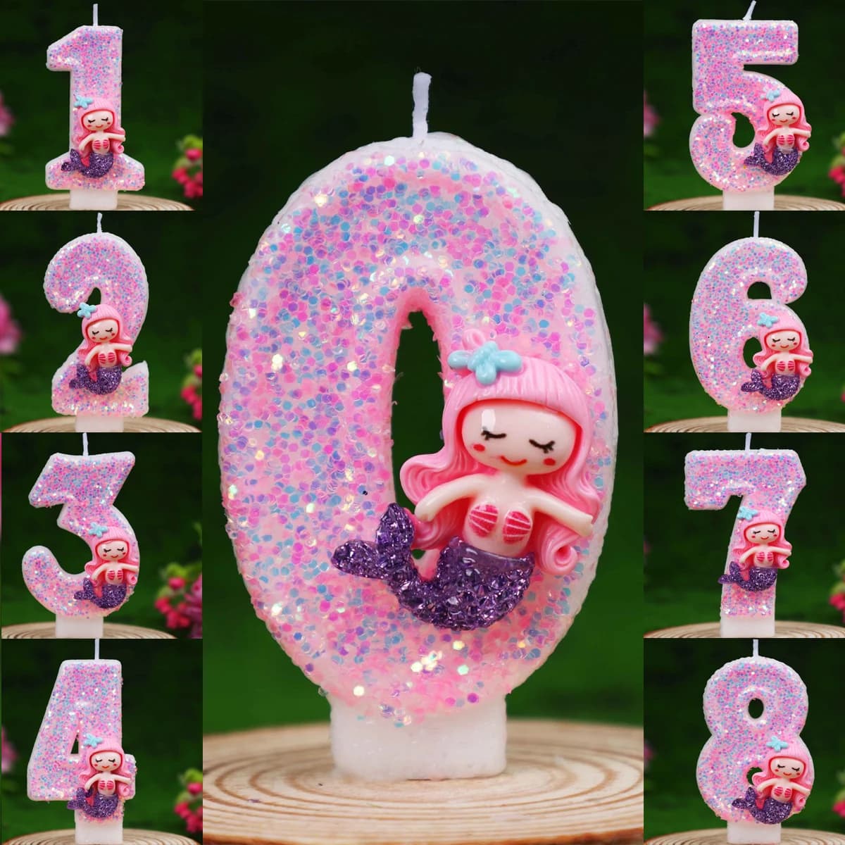 Candeline di Compleanno Creative a Forma di Sirena Rosa con Numeri da 0 a 9 - Decorazione per Torte con Fiocco Glitterato Fatto a Mano per Feste